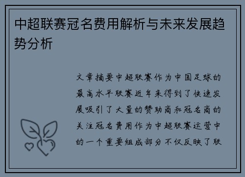 中超联赛冠名费用解析与未来发展趋势分析